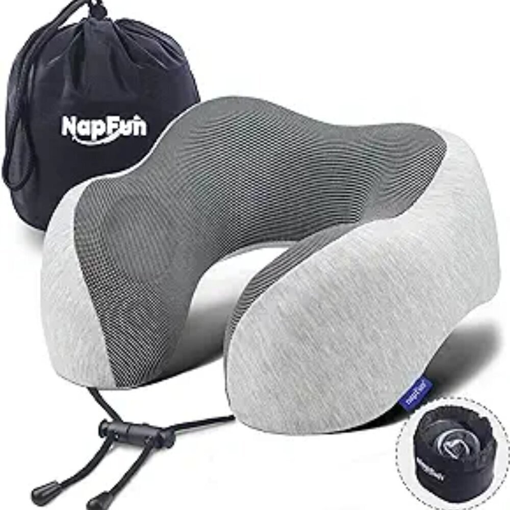 NAP FUN Gray travel memory foam neck pillow with case